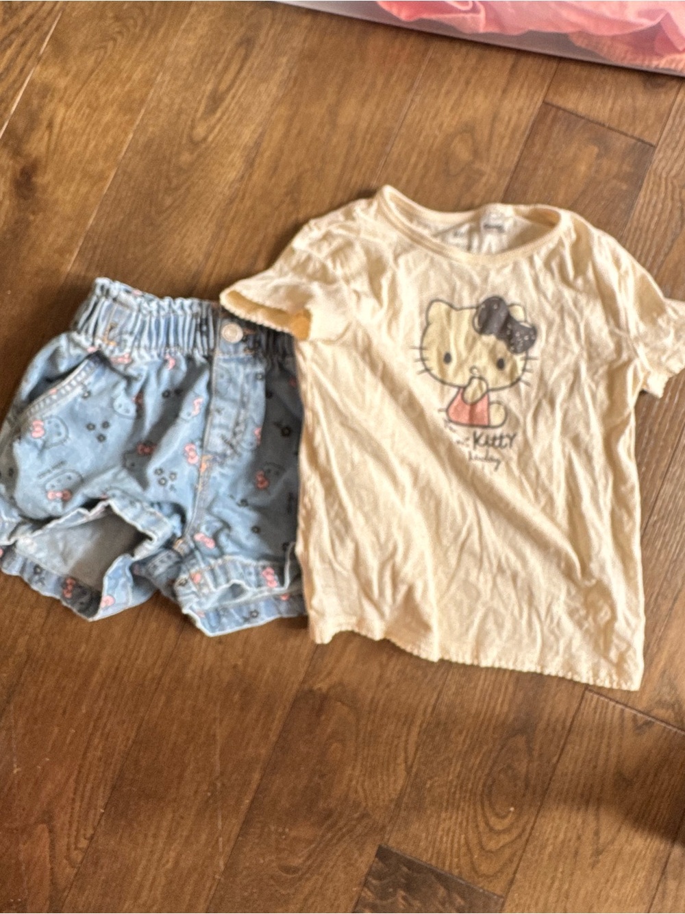 Hello Kitty Cream Tee with Light Blue Floral Denim Shorts
